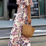 Unique Print V-Neck Waist Holiday Maxi Dress