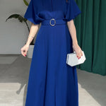 Loose Raglan Sleeve Pleated Split-Front Split-Joint Tied Waist Round-Neck Maxi Dresses
