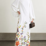 Long Sleeves Loose Elasticity Flower Print Round-Neck Maxi Dresses