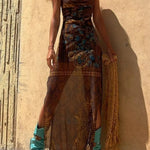 Gypsy Style Unique Print Cowl Neck Back Lace-up Slit Midi Dress