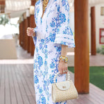 Flared Sleeves Loose Flower Print Split-Joint Split-side Deep V-Neck Midi Dresses