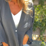 Solid Color V-neck Loose Long-sleeved Button Top