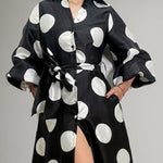 Loose Puff Sleeves Pleated Polka-Dot Split-Joint Tied Waist Tiered Lapel Maxi Dresses Shirt Dress