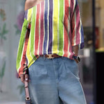 Long Sleeves Loose Contrast Color Striped One-Shoulder T-Shirts Tops