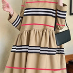 A-Line High Waisted Contrast Color Pleated Striped Zipper Mock Neck Midi Dresses