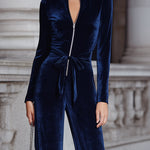 Navy Velvet Zip-Front Wide-Leg Jumpsuit