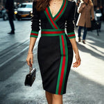 Long Sleeves Striped Deep V-Neck Mini Dresses