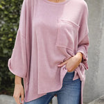 Kpion Pocket Crew Neck Button Down Long Sleeve Top