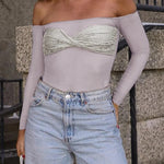 Garcelle Mesh Twist Sequin Bardot Neck Long Sleeve Stretch Top