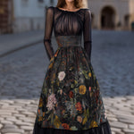 Pleated Sheer Long-Sleeve Floral Midi Dress