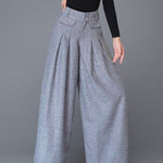 Loose Wide Leg Buttoned No Belt Pleated Pockets Solid Color Split-Joint Pants Trousers