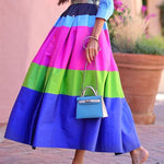 Loose Three-Quarter Sleeves Buttoned Contrast Color Striped Lapel Collar Midi Dresses