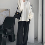Stretch Mohair-Blend Balloon Sleeves Loose Solid Round-Neck Sweater Tops
