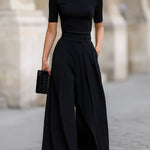 Minimalist Black Turtleneck Top & Wide-Leg Pants Co-ord Set