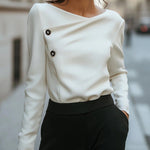 Long Sleeves Loose Buttoned Solid Color Asymmetric Collar Blouses&Shirts Tops