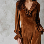 Retro Ruffle Neck Lace Trim Eco-friendly Velvet Midi Dress