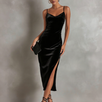 Women's Elegant Black Velvet Sleeveless Fitted Midi Dress With Spaghetti Straps