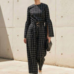 Flared Sleeves Long Sleeves Contrast Color Plaid Split-Joint Round-Neck Blouses&Shirts Tops