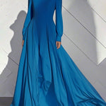 A-Line High Waisted Pleated Solid Color Zipper Mock Neck Maxi Dresses