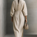 Women's Beige Relaxed Cotton Drawstring - Detail Maxi Dress