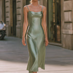 Elegant Satin Slip Midi Dress With Soft Cowl Neckline