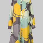 A-Line Long Sleeves Buttoned Pockets Printed Lapel Midi Dresses