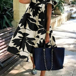 Loose Ruffle Sleeves Flower Print Pleated Round-Neck Midi Dresses