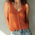Boho Lightweight Burnt Orange Button-Front Mesh Knit Tank