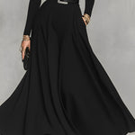 Women's Black Knit Elegant High Neck Button Detail Maxi Dress