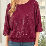 Solid Color Sequined Loose Round Neck Casual Top