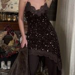 Soraia Velvet Sequin Lace Trim Irregular Hem Slip Mini Dress