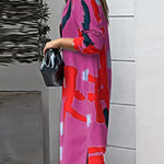 Loose Wrap Buttoned Contrast Color Pockets Printed Split-Side Shirt Dress