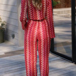 Tamia Knit Colorful Wave Unique Print Crop Top and Stretch Wide Leg Pants Set
