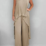 Round Neck Solid Sleeve Top Pleated Straight Pants Two-piece Set