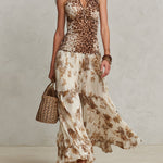 Holiday Keyhole Neckline Leopard Print Pleated Maxi Dress