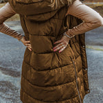 Hooded Pocketed Quilted Long Vest Coat