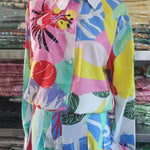 Contrast Color Printed Long Sleeves Buttoned Lapel Blouses Top+ High Waisted Pants Bottom Two Pieces Set