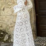 Island Break Crochet Flower Pattern Long Sleeve Backless Vacation Maxi Dress