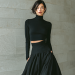 Women's Fashionable And Elegant Black Fitted Turtleneck Long-sleeved Cropped Top Paired With A Black Long Skirt