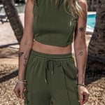 Jungle Green Solid Cropped Tank Top and Wide Leg Pants Set
