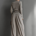 Women's Taupe Elegant Knit Textured Sweater & Wide - Leg Pants Set