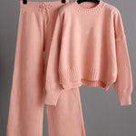 Urban Loose Long Sleeves Solid Color Round-Neck High-Low Sweater Tops & Wide Leg Pants Suits