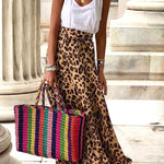 Today’s Journey Satin Leopard Tie Front Elastic Waist Midi Skirt