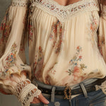 Vintage Boho Cream Floral Off-Shoulder Lace Blouse