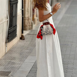 White Waist Loose Hem Sleeveless Round Neck Long Dress
