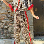 Leopard Print Color Block Short Sleeve Loose Shirt and Elastic Waist Pocket Pants Set