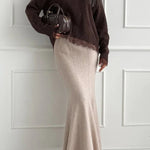 Caitlin Knit Lace Trim Patchwork Long Sleeve Back Slit Relaxed Sweater