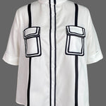 A-line Half Sleeves Buttoned Contrast Color Pockets Mock Neck Blouses&shirts Tops