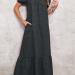 Women's Puff Sleeve Square Neck Check Maxi Dress