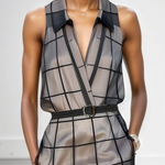 Women's Checkered Tulle Lapel Sleeveless Belted Maxi Dress